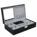 RONTENO Watch Box & Watch Case Leather Wrist | Men & Women Storage Organizer(1-Pic,Black Multigrid)