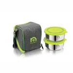 NanoNine Tiffiny Small Pro Double Wall Insulated Stainless Steel Lunch Box with Bag, 375 ml, 2 pc, Green