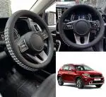 Oshotto SC-17 Fiber Leather Car Steering Cover Compatible with KIA Sonet (Black, Grey)