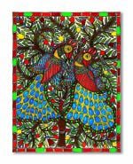 Tamatina Multicolor Madhubani Art Dancing Peacock Traditional Art Canvas Painting - 36X27 Inch