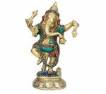 Kartique Brass Lord Ganesha Dancing with Gemstone 9 inch