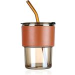 ISHWA HOME & KITCHEN Glass Reusable Coffee Mug with Heat Resistant Leather Wrap Glass Water Cup with Glass Straw and Leakproof Lid Glass Tumbler for Coffee,Tea, Milk Beverages 400ML