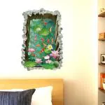 Jaamso Royals Multicolor Vinyl 3D Fish Pond Lotus Flower Design Floor Wall Sticker ( 90 CM X 60 CM )