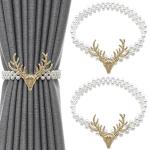 HASTHIP 2pcs Curtain Holders Tieback Metal TieBacks with Classy Small Pearl Elastic Rope Curtains Tie Backs for Home Office Hotel Window Drape Decor (Gold)