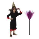 Kaku Fancy Dresses Halloween Witch Dress With Hat & Broomstick For Girls | Scary Halloween Dress For Boys & Girls | Wizard Horror Dress for Kids | Carnival Cosplay Costume Party Supplies - 5-6 Years