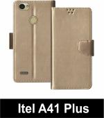 Sbms Itel A41 Plus Gold Artificial Leather Shock Proof Flip Cover