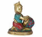 Kartique Handmade Brass Bal Gopal Krishna Idol Statue Eating Butter from Matki 6.5 Inch