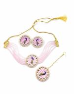 Bella Store Women Pink Brass Meenakari Kundan Peacock Choker with Mangtika