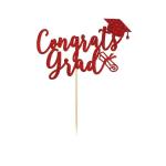 Festiko Congrats Grad Cake Topper, Glitter Card In Red For Cake Decoration, Birthday, Anniversary, Engagement, Graduation