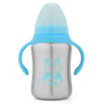 Sizzle Stainless Steel Baby Feeding Bottle With Plastic BPA Free Cap and Handle, Blue, 240 ML