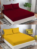 VORDVIGO 310 TC Combo Pack of 2 Glace Cotton Satin Stripes Elastic Fitted Plain Double Bedsheets with 4 Pillow Covers for Home/Hotels/Guest House (Maroon & Yellow)