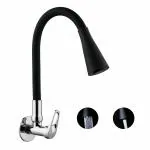 SPAZIO Hexa Brass Sink Cock Tap/Sink Faucet with Black 360 Degree Flexible Silicon Swivel Spout & Dual Flow Pattern, Hot/Cold Water for Kitchen Sink, Wash Basin, Chrome Finish with Wall Flange