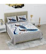 HOMETALES Grey Cotton Double Peacock Bedsheet with 2 Pillow Covers