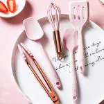 Amour Set Of Five Pink And Rose Gold Silicone Mini Kitchen Utensil Set