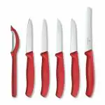 Victorinox, Swiss Classic, Kitchen Knife, Set of 6, Sharp Straight Edge and Wavy Edge Knives with Stainless Steel Universal Peeler, Red, Swiss Made