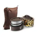 VAYA TYFFYN Cheetah Yellow Oval Shape Polished Stainless Steel Lunch Box for Kids with 2-Containers and Bagmat, 600 ml