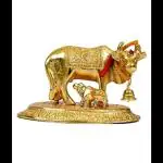 Sv Traders Aluminium Kamdhenu Cow and Calf Statue (9.7 x 5.1 x 7.6 cm, Golden)