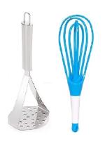 Stainless Steel Big Potato Masher With Solid Plastic Whisk , Egg Beater and Multicolour, Pack of 2