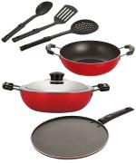 NIRLON Red Aluminium Non Stick Coated Set of Deep Kadhai-22 cm, Kadhai-22 cm, Smart Tawa-26.5 cm and 3 Spoon (Pack of 6)