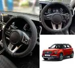 Oshotto SC-18 Fiber Leather Car Steering Cover Compatible with Hyundai Venue (Black, Grey)