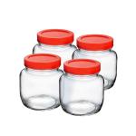FeeloPie Round Shape Clear Aahar Jars and Containers for Kitchen Pantry, Snacks, Masala, Pickles, Dry Fruits, and Coffee Beans Storage with Red Color Plastic Lid (250ml, Set Of 4)