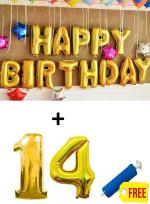 Festiko 14th Birthday Decorations Items (Happy Birthday Foil Balloon Pack Of 13 Letters, Gold, Number 14 Foil Balloons With Balloons Pump)