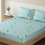 HOKIPO Printed Elastic Single Bed Fitted Bedsheet, 78x36 inches with 1 Pillow Cover, Floral Rhine Blue (IN-635-D1)