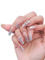 Secret Lives Acrylic Press on Nails Designer Artificial Nails Extension Light Brown Color Silver Bow and Glitter Fake Nail 24 pcs Set with Manicure Kit