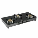 STEELWOOD 3 Burner Glass LPG Stove with Brass Burners (ISI Certified) Heavy Brass Burner, 3 Burner Gas Stove Toughened Glass Cook Top - Stainless Steel Frame