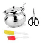 Stainless Steel Ghee Dani or Ghee Pot With Bird Shape Plastic Fruit Fork and Multicolour, Pack of 2