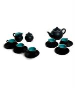 Caffeine Ceramic Handmade Stoneware Royal Black & See Green Tea Set ( set of 15 pcs Microwave & Dishwasher Safe Tea set )