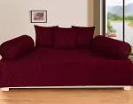 Home Stylish Premium Velvet Diwan Set - Bedsheet, 2pc Bolster Cover with Dori and 3pc Cushion Covers Large Set of 6 Pieces Wine