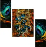 Indianara Set of 3 Krishna And Peacock Feather MDF Art Painting (3023FL) without glass (4.5 X 12, 9 X 12, 4.5 X 12 INCH) Digital Reprint 12 inch x 18 inch Painting (With Frame, Pack of 3)