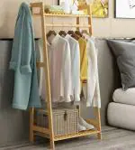 ADA Handicraft Premium Natural Bamboo Wood Clothing Garment Rack, Coat Clothes Hanging Heavy Duty Rack, with Top Shelf and Shoe Clothing Storage Organizer Shelves (50 x 40 x140cm)