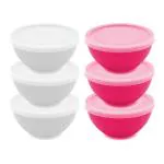 Jaycee Microwave Safe And BPA Free White And Pink Round Plastic Bowl With Lid - 300 Ml (Pack Of 6)