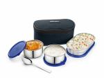 PEXPO Stainless Steel Double Decker Lunch Box with 2 Round & 1 Oval Air-Tight Containers, Blue, Delight | Compact & Portable