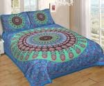 Quilvia Pure Cotton Rajasthani Jaipuri Traditional Floral King Size Double Bed Bedsheet with 2 Pillow Covers (Bedsheet - Bl/S.Grn/Blk)