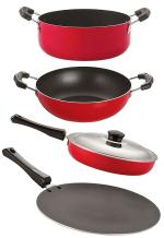 Nirlon 4 pcs of Red and Black Non-stick Aluminium Dishwasher Safe Kitchen Cookware Utensil Gift Set, Standard