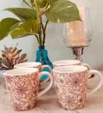 Studio Seed Ribbed Autumn Flower Earthenware Decal Stoneware Coffee Mugs Set of 4