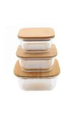 Homies Transparent Square Glass Storage Containers with Bamboo Lids, 330ml, 520 ml, 800 ml Set of 3