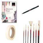 KAMAL Acid Free Black Brush Set with A Sketch Pad, Masking Tape and Fine Liner Pen (7 Pc set)
