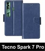 Sbms Tecno Spark 7 Pro Blue Artificial Leather Shock Proof Flip Cover