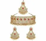 Gyaan Jewels Handmade Alloy Necklace, Earring and Maang Tikka Set Green, Gold, White, Multicolor (Women) (Pack of 1) Free Size