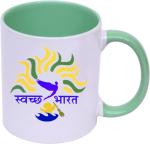 Shieldsmore Ceramic Swachh Bharat Printed Coffee For Gift |Green And White Ceramic Coffee Mug (325 ml)