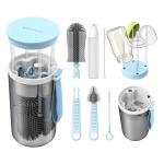 Adore Wanderlust Bottle Brush Set with Extendable Silicone Bottle Brush, Nipple Brush, Drying Rack, Straw Cleaner Brush, Soap Dispenser, Suitable for Home, Travel, and Family Visits (Blue)