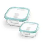 Treo By Milton Hi Borosilicate Clip Fresh Square Container, Set of 2, 320 ml, 1200 ml, Transparent | Air Tight | Microwave Safe | Oven Safe | Refrigerator Safe | BPA Free | Stackable | Dishwasher Safe