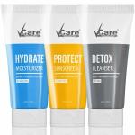 Vcare All In One Detox Cleanser, Hydrate Moisturizer and Shadow Sunscreen SPF 50 for Normal to Oily Skin Facial Kit for Women & Men | 50g