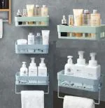 Multipurpose Kitchen Bathroom Shelf Wall Holder Storage Rack (5 Bathroom Shelves + 2 Towel Hanger)