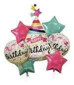 My Party Suppliers Giant Prismatic Birthday Hat Balloon Set - Jumbo Happy Birthday Cap, Round Happy Birthday Foil Balloon, Star Balloon
