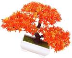 Dekorly Plastic Orange Mini Artificial Bonsai Tree Plants With Cement Pots